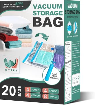 WTREE 20 Pack Vacuum Storage Bags, Space Saver Bags, Vacuum Sealed Bags for Comforters, Blankets, Clothes Storage, Hand Pump Included (4 Jumbo/4 Large/4 Medium/8 Small)